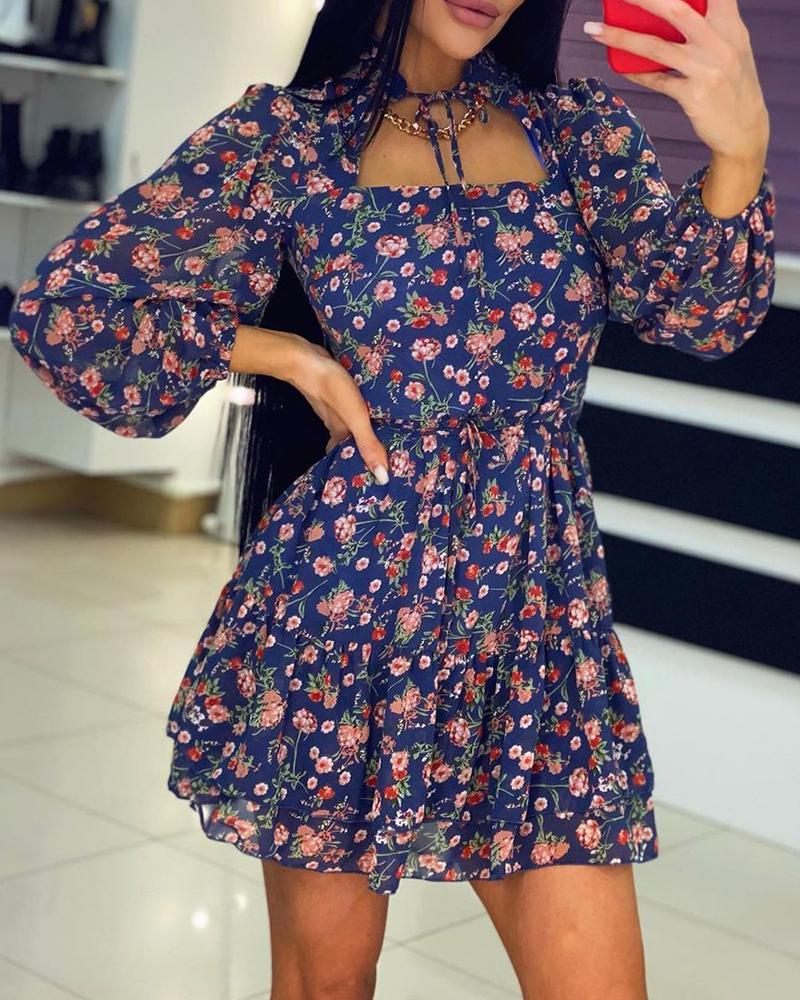

Ditsy Floral Print Long Sleeve Casual Dress, Purplish blue