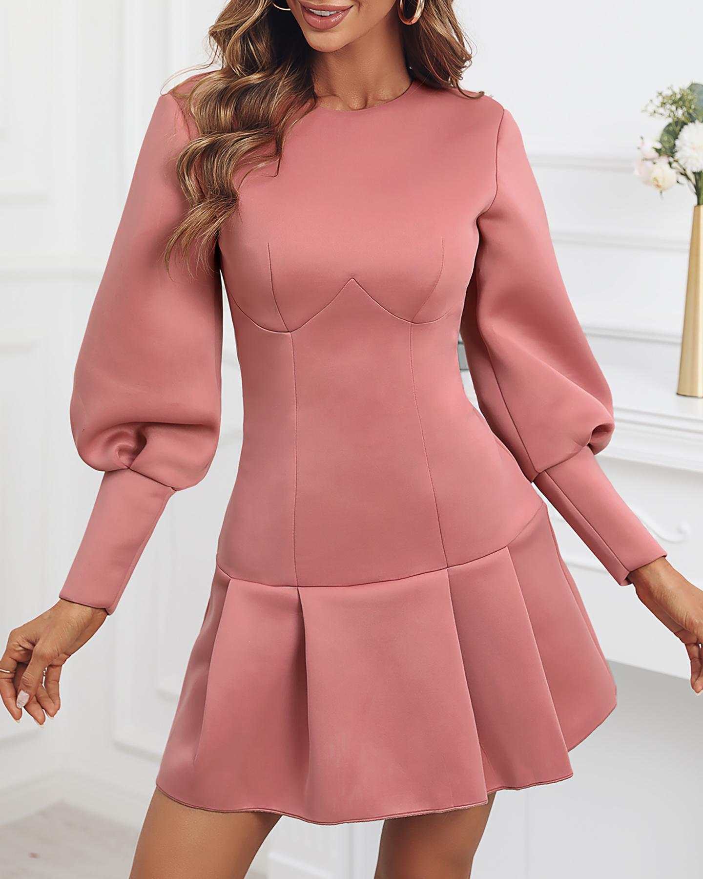 

Lantern Sleeve Plain Flared Dress, Pink
