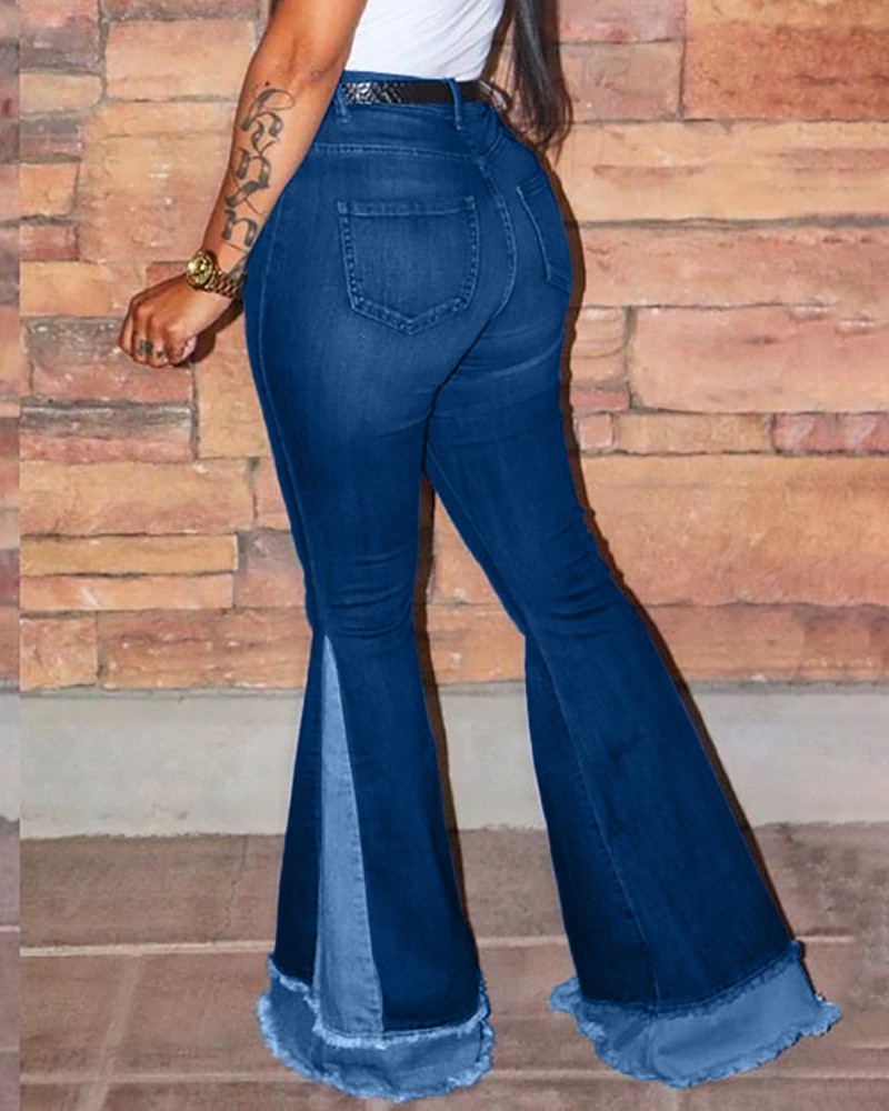 HighRise Fringe Hem Colorblock Slit BellBottom Jeans