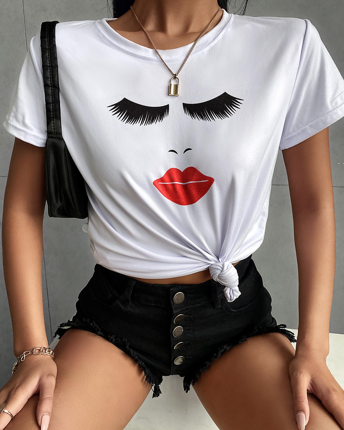 

Eyelash Lip Print Short Sleeve Casual T-shirt, White