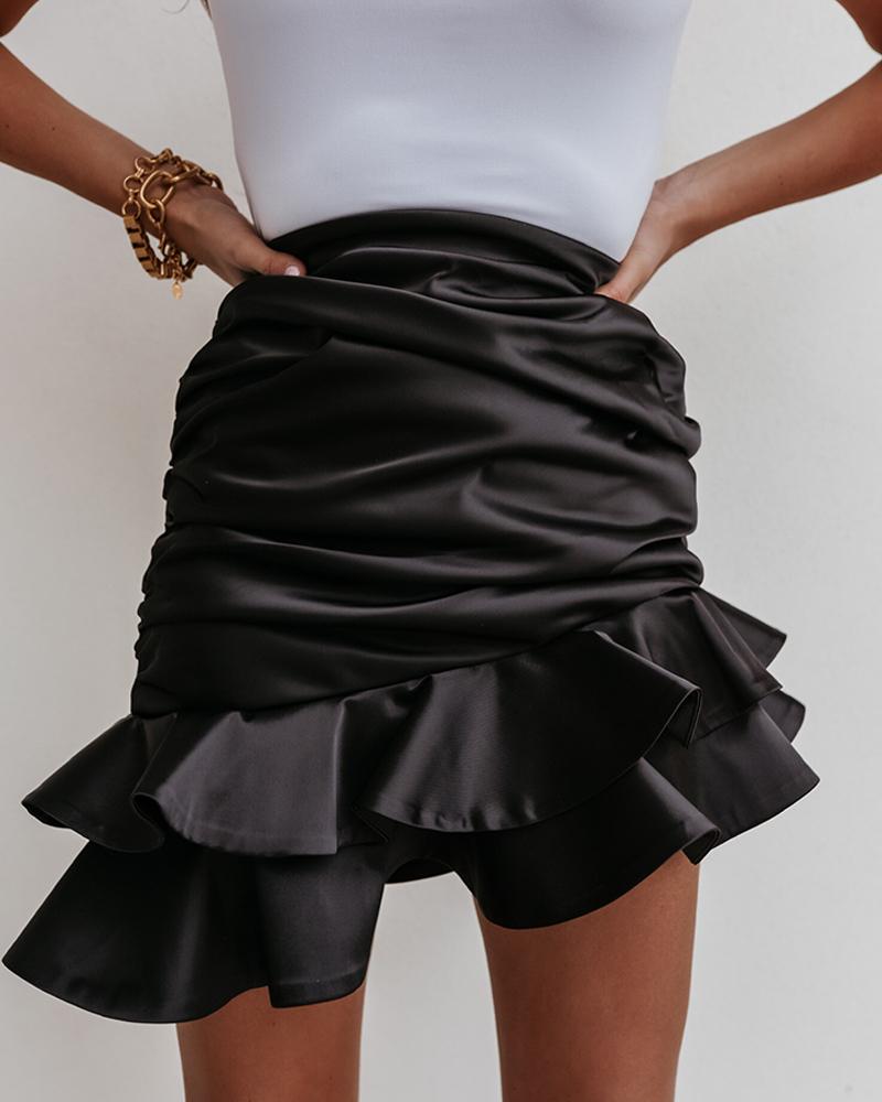 

Ruffles Hem Ruched Plain Skirt, Black