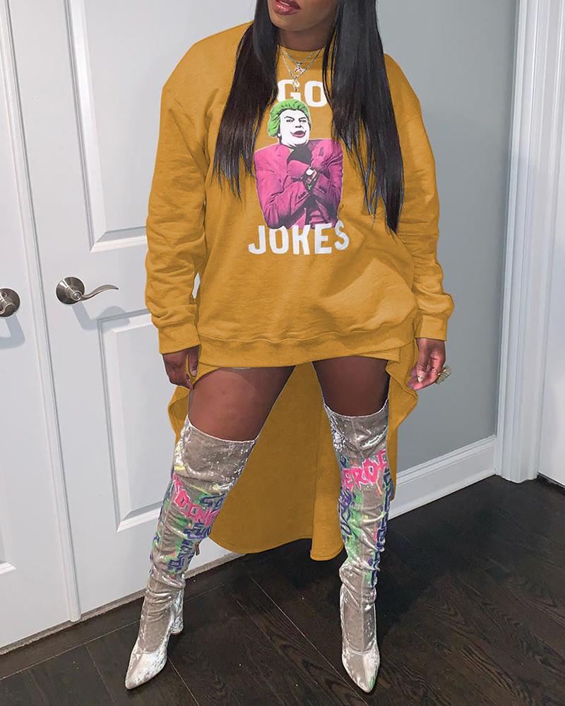 

Letter Graphic Print Dip Hem Sweatshirt Dress, Yellow