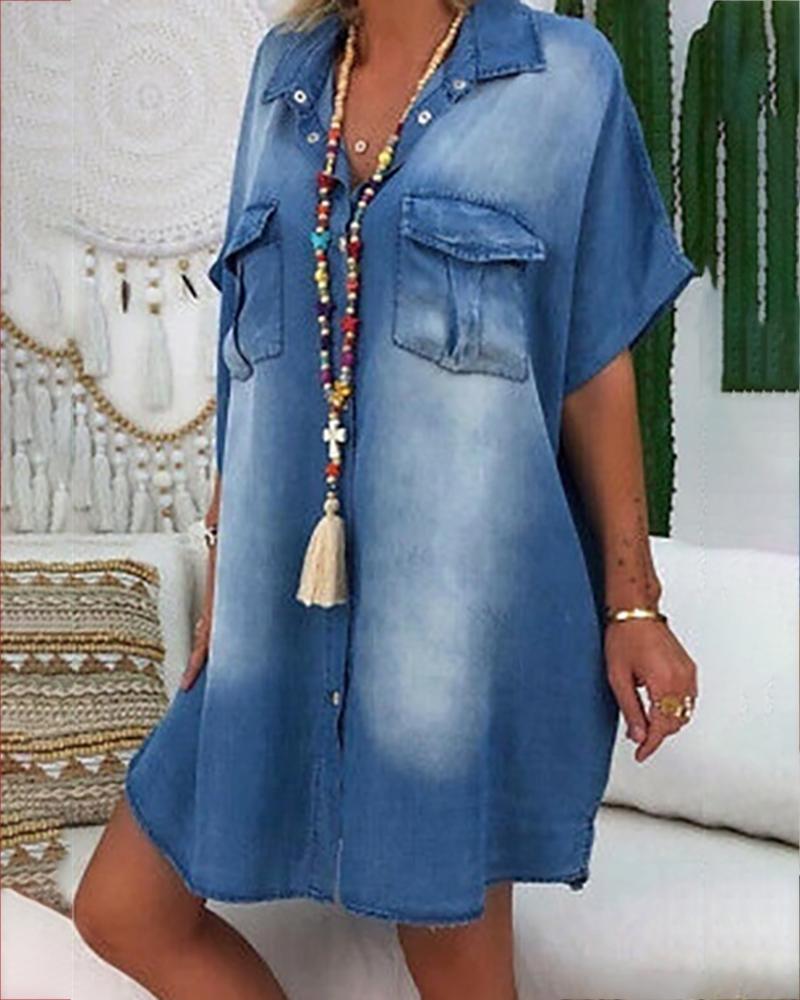 

Fringe Hem Pocket Design Denim Casual Dress, Blue