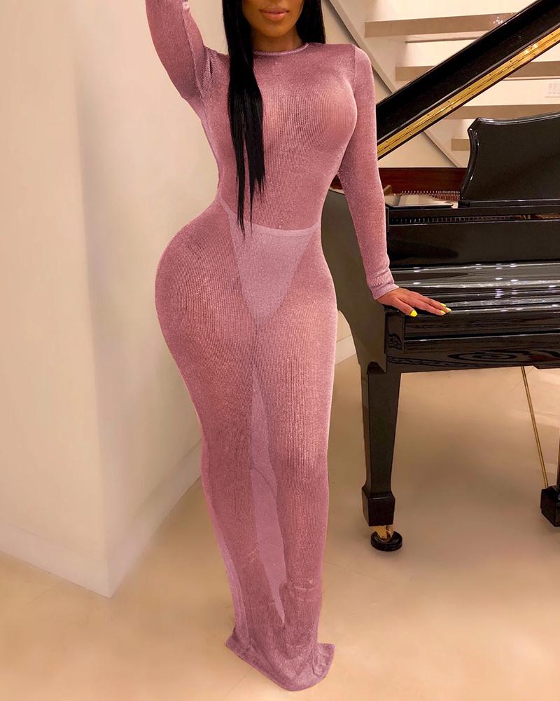 

Long Sleeve Backless See Through Bodycon Women Dress, Pink