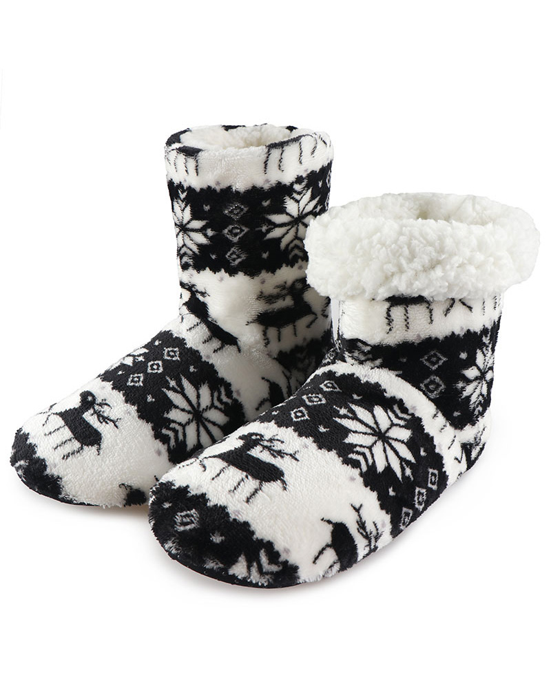 

Christmas Mixed Print Fluffy Indoor Boots, Black