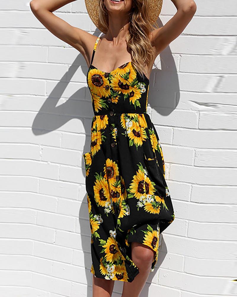 

Sunflower Print Spaghetti Strap Casual Dress, Black