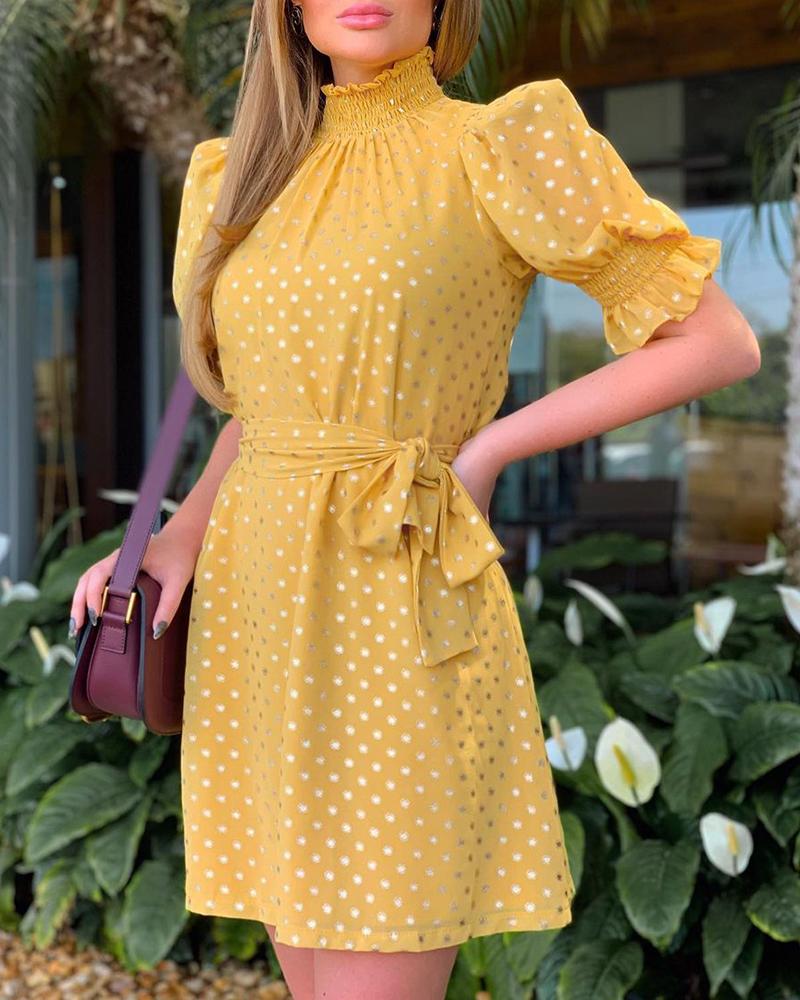 

Polkadot Print Shirring Detail Puff Sleeve Dress, Yellow