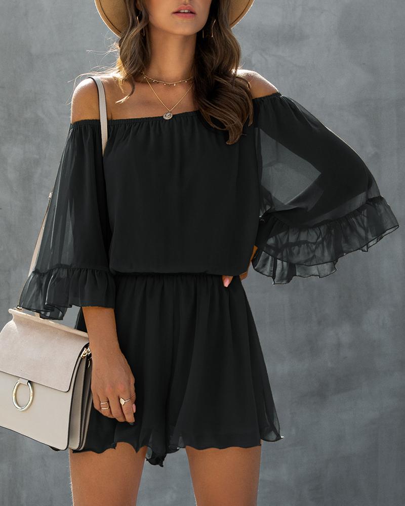 

Off Shouler Ruffles Long Sleeve Casual Romper, Black