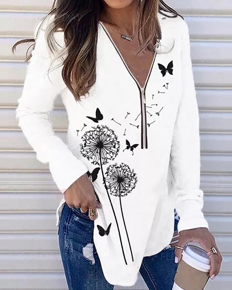

Butterfly Print Deep V Neck Long Sleeve Shirt, White