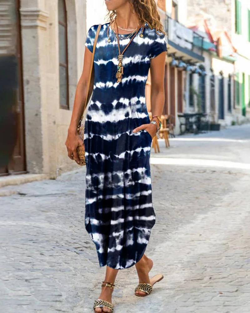 

Tie Dye Print Short Sleeve Pocket Design Casual Dress, Dark blue