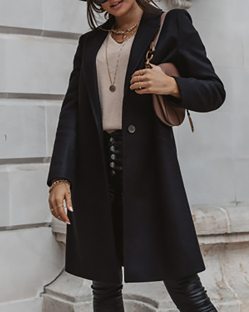 

Pockets Design Buttoned Solid Casual Longline Coat, Black