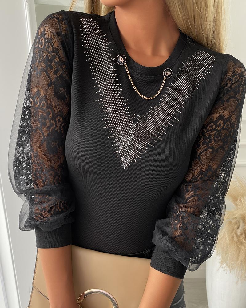 

Floral Pattern Lace Sheer Mesh Studded Blouse, Black
