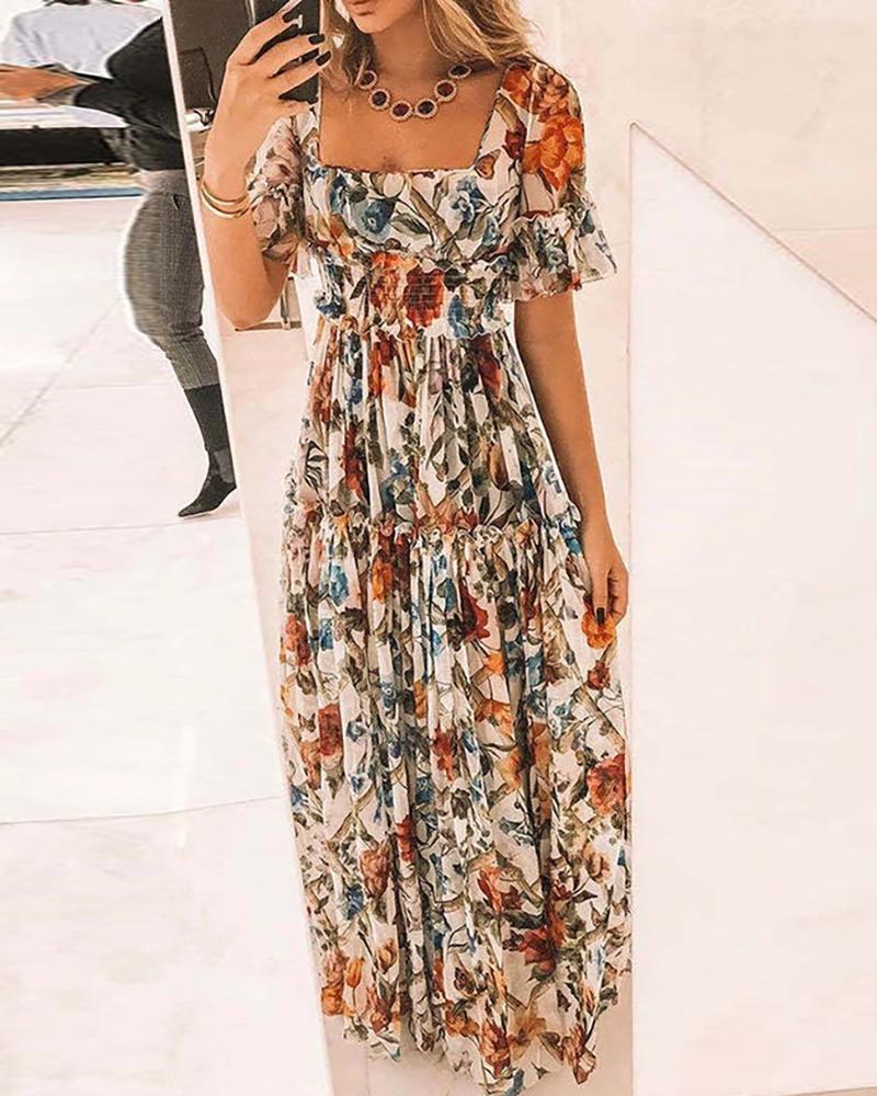 

Floral Print Bell Sleeve Shirring Detail Frill Hem Dress, Khaki