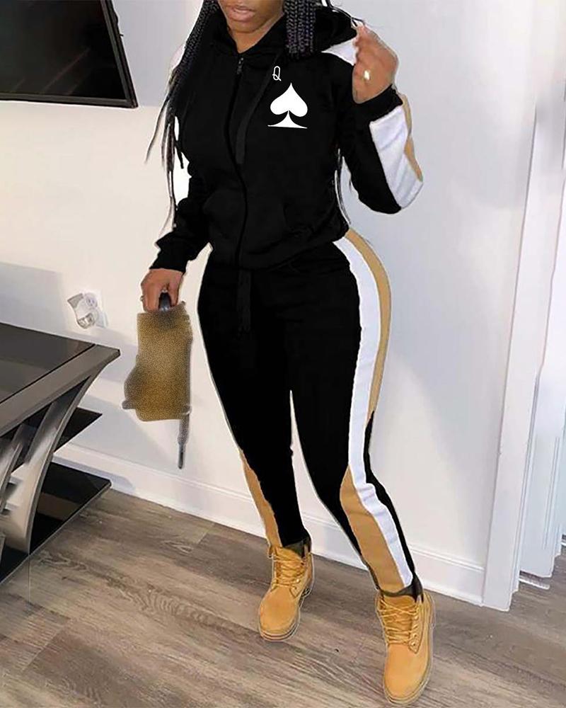 

Plus Size Poker Print Colorblock Hooded Top & Drawstring Pants Set, Black