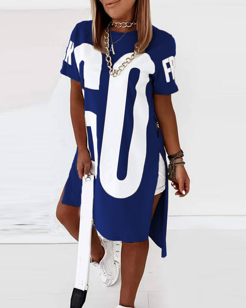 

Letter Print High Slit T-Shirt Dress, Blue