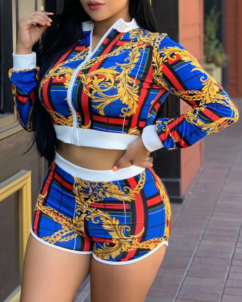 

Retro Print Zipper Sporty Crop Top & Shorts Sets, Blue