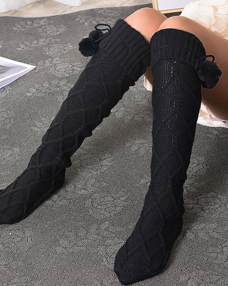 

Pom Pom Braided Knee Length Socks, Black