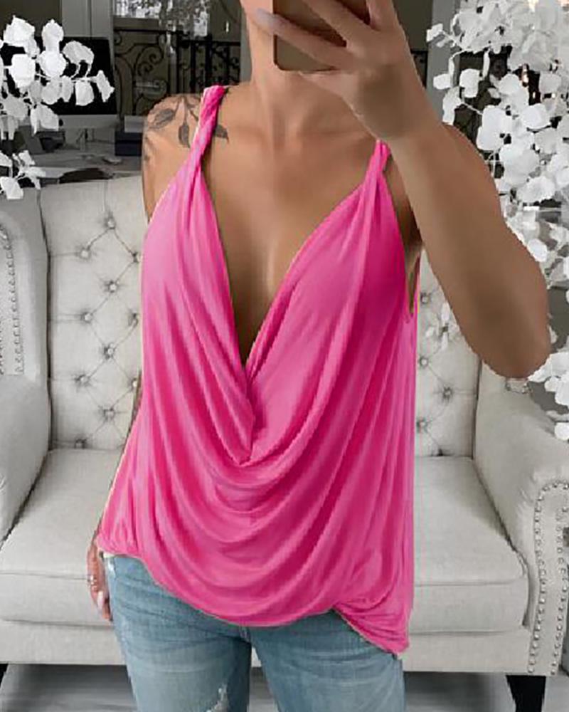 

Sleeveless Solid V Neck Sling Top, Hot pink