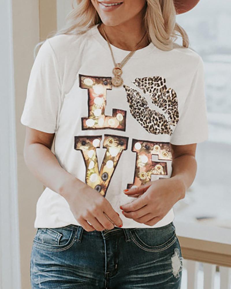 

Leopard Letter Print Short Sleeve Casual T-shirt, White