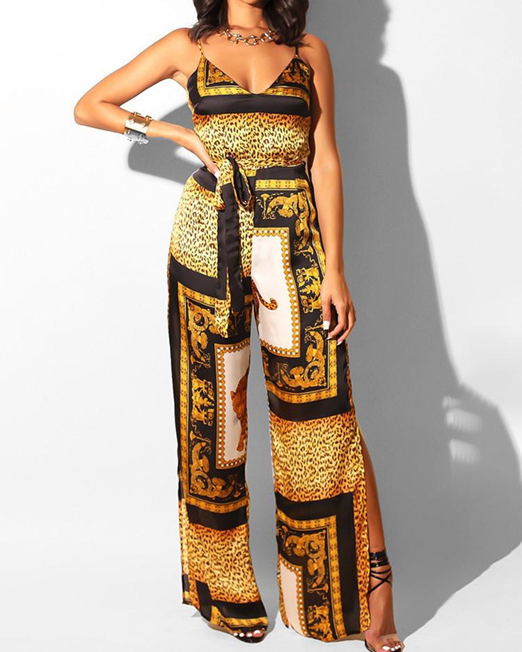 

Leopard Digital Print Spaghetti Strap Slit Jumpsuits