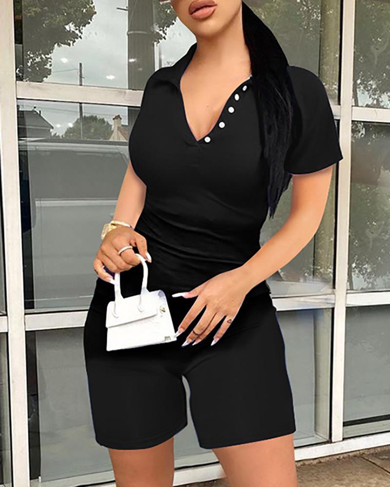 

Button Design Top & High Waist Shorts Set, Black