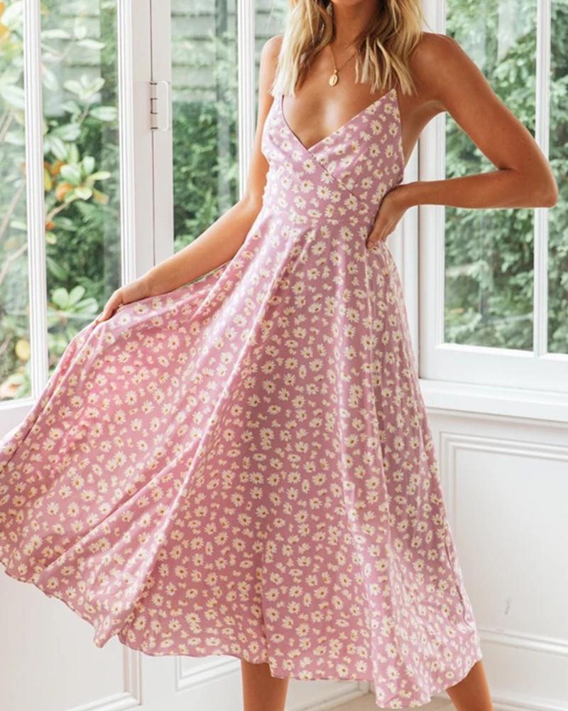

Floral Print V Neck Cami Dress, Pink