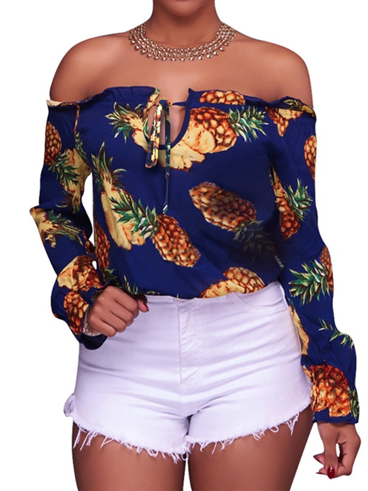 Pineapple Print Frilled Off Shoulder Casual Blouse Online. Discover hottest trend fashion at