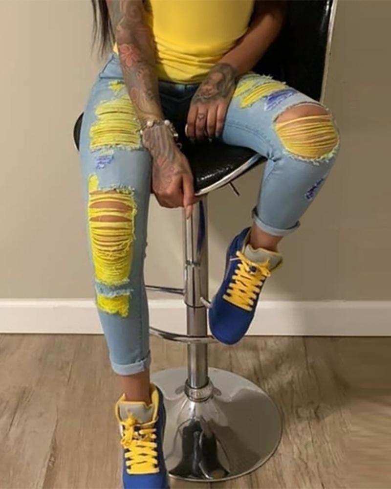 colorblock ripped jeans