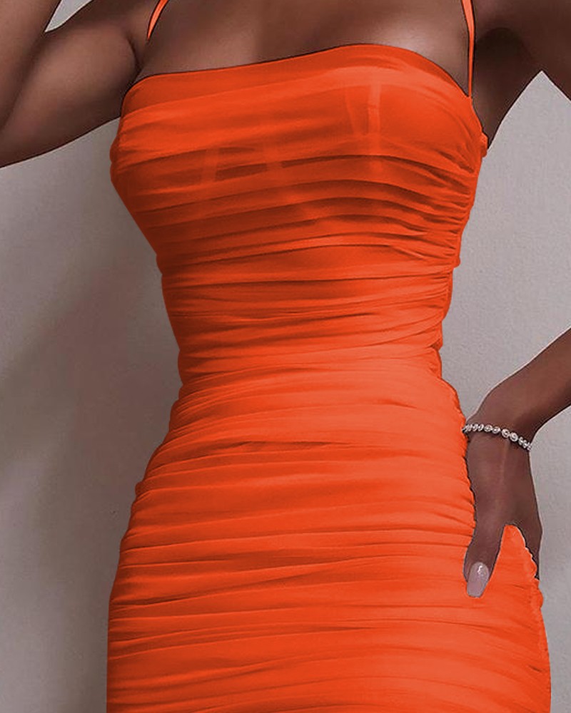 red mesh ruched dress