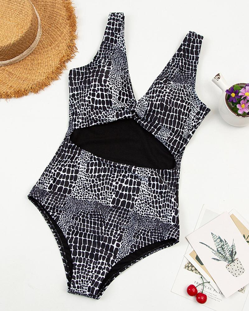 

Snakeskin Print Strap Skinny One-piece Swimwear, Black