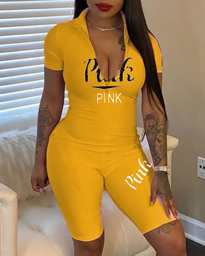 

Letter Print Plunge Short Sleeve Fitted Romper, Yellow