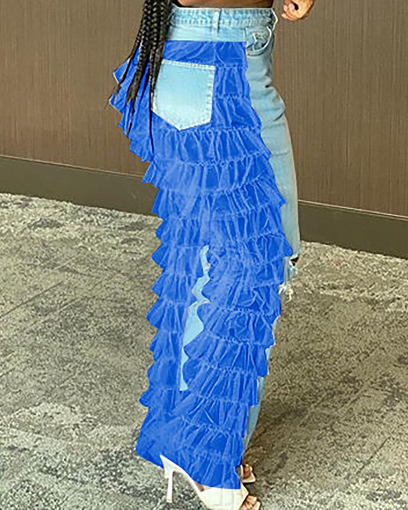 

Ruffles Sheer Mesh Cutout Denim Bootcut Pants, Blue