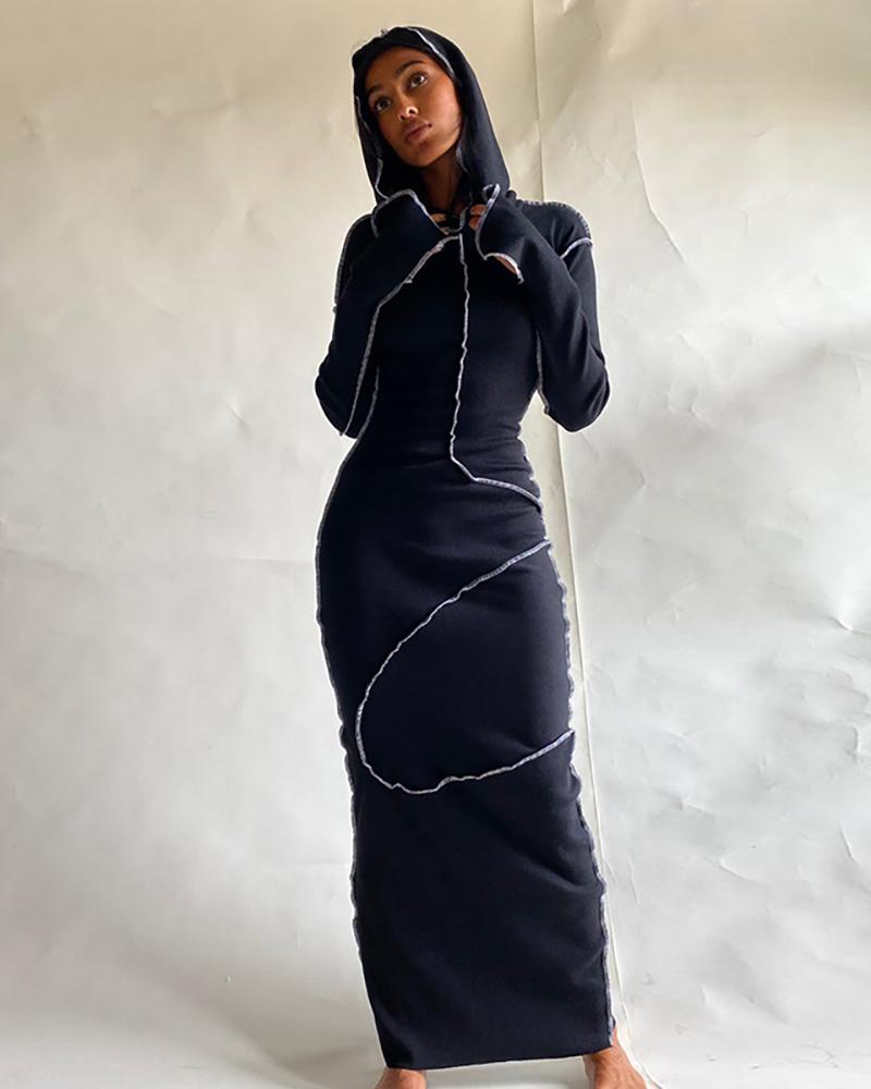 

Colorblock / Plain Flared Sleeve Hooded Maxi Dress, Black