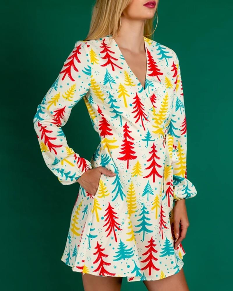 

Christmas Tree Print Long Sleeve Wrap Dress, White