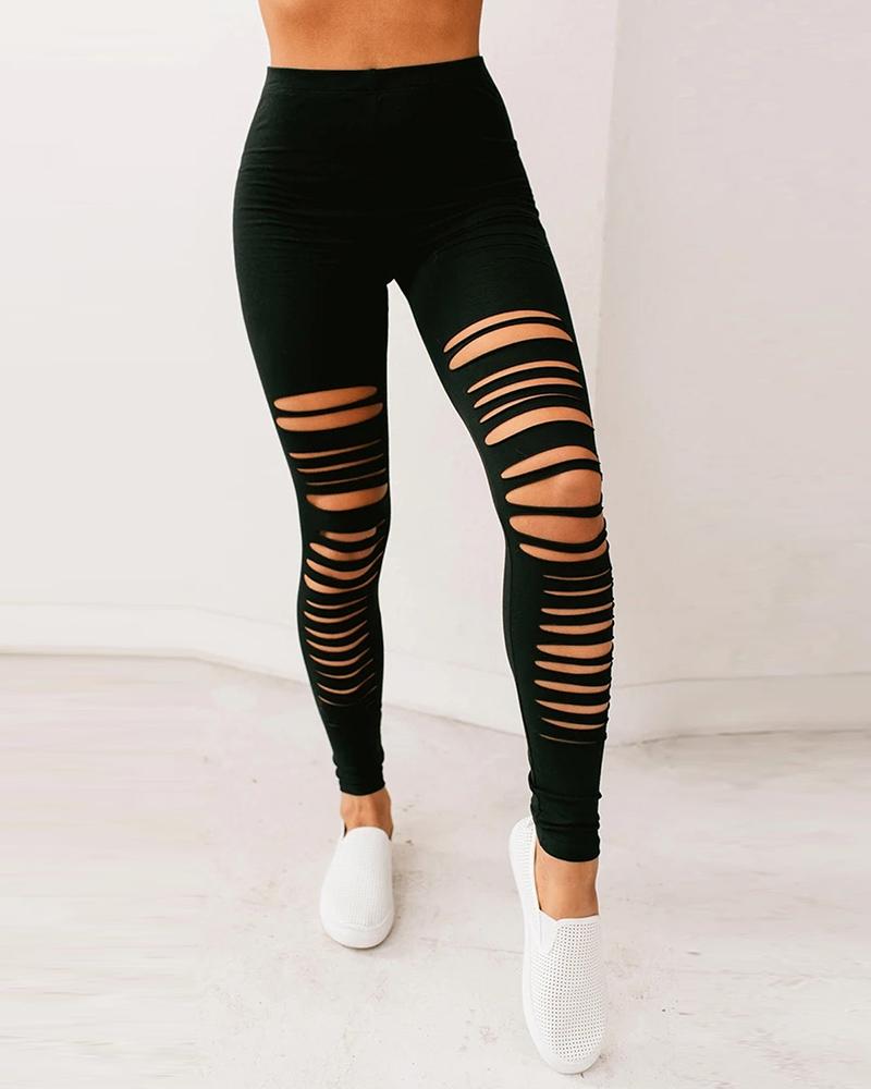 

Plain Ladder Cutout Skinny Pants, Black