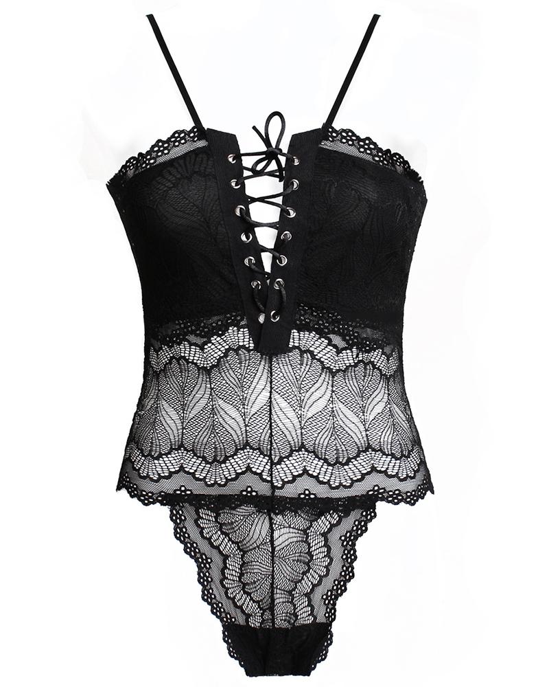 

Eyelet Lace-up Cheetah Print Lace Teddies, Black