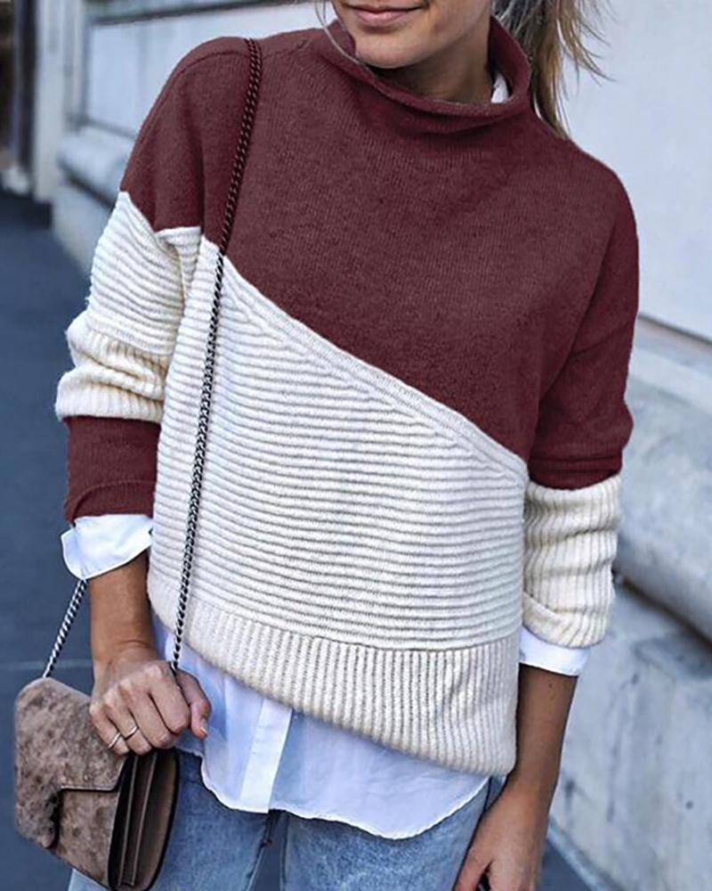 

Colorblock Long Sleeve Knit Sweater, Wine red