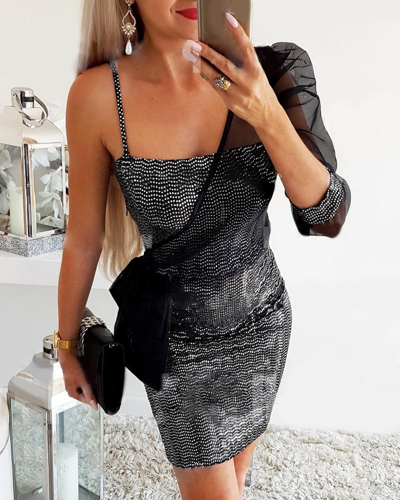 

Puff Sleeve Mesh Studded Bodycon Dress, Black