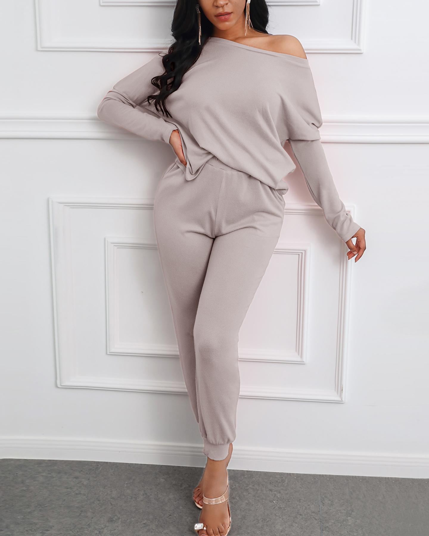 

Solid Long Sleeve Women Top & Drawstring Casual Pants Set, Gray