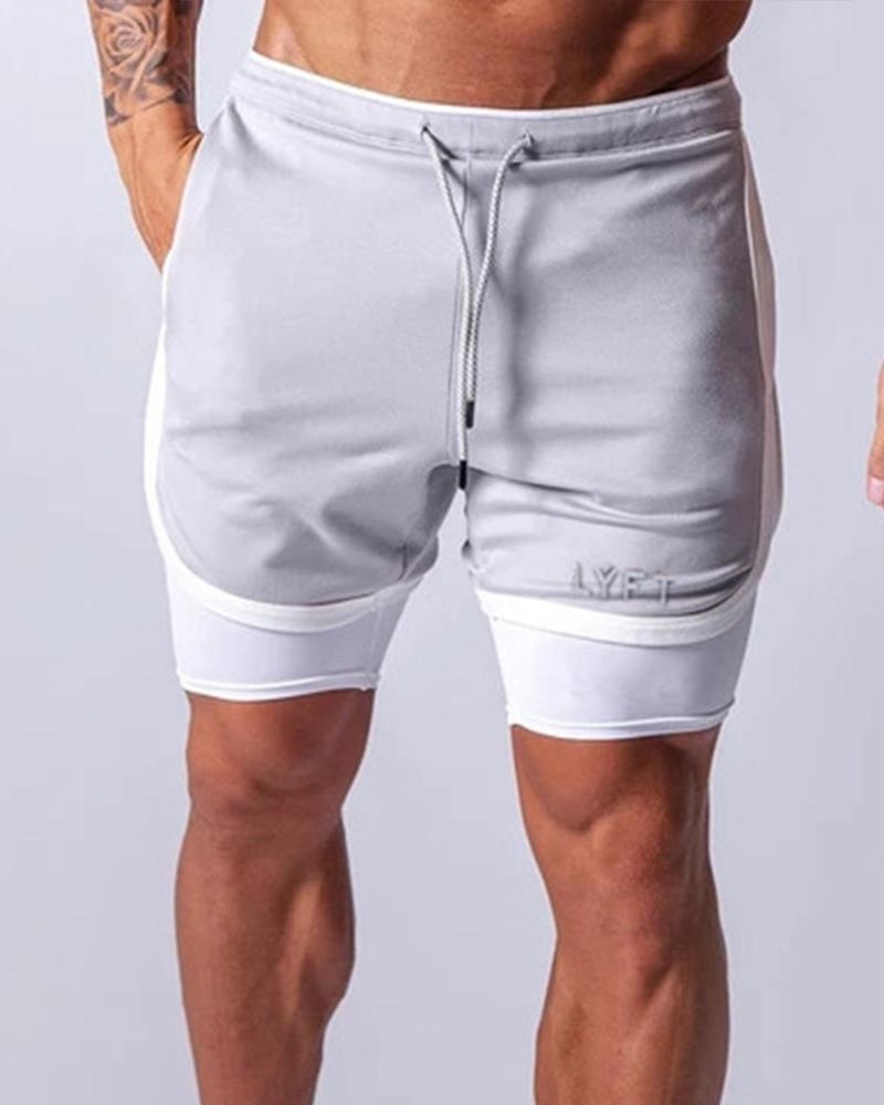 

Color Block Splicing Letter Drawstring Short Pants, Gray