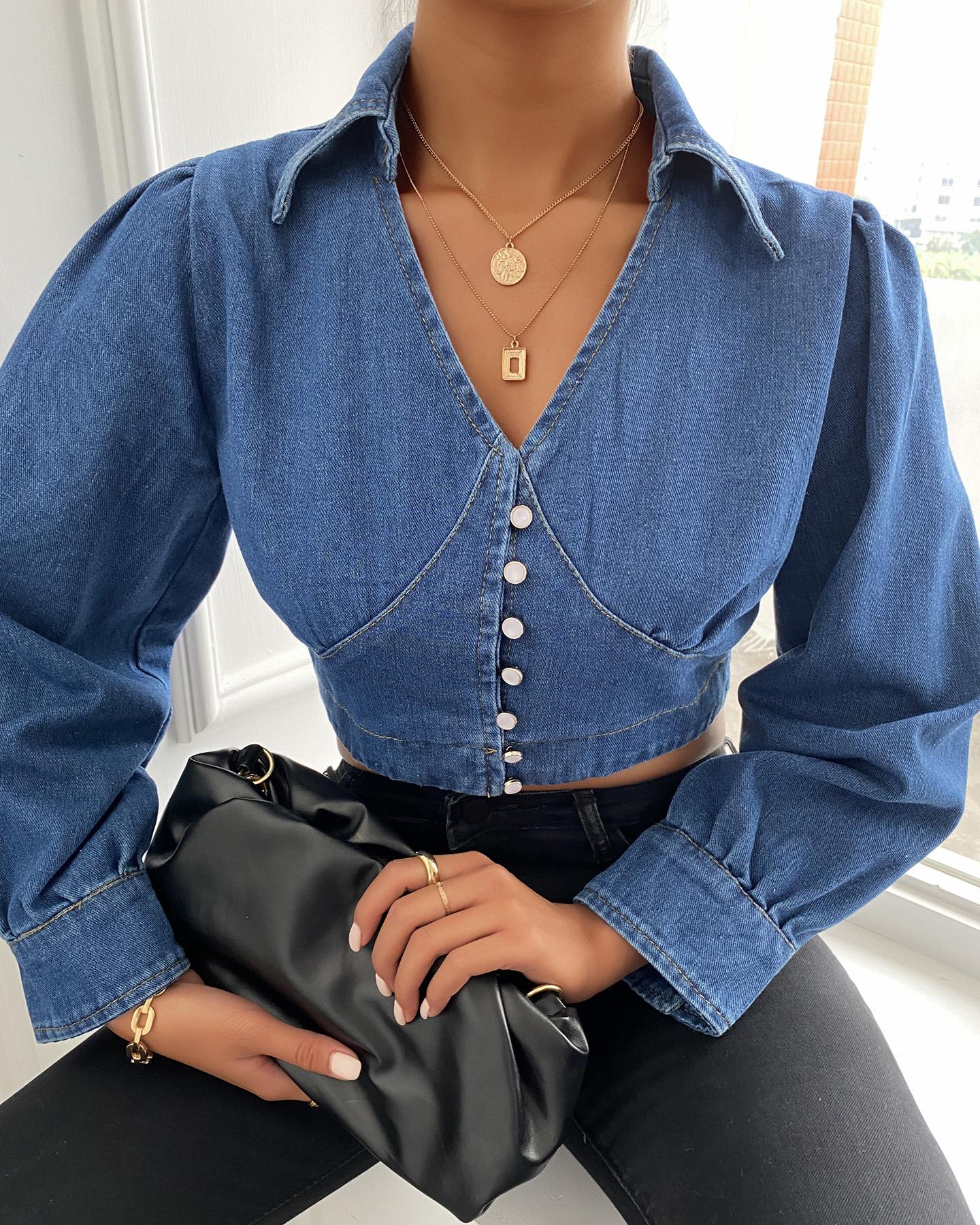

Button Design Long Sleeve Denim Top, Dark blue