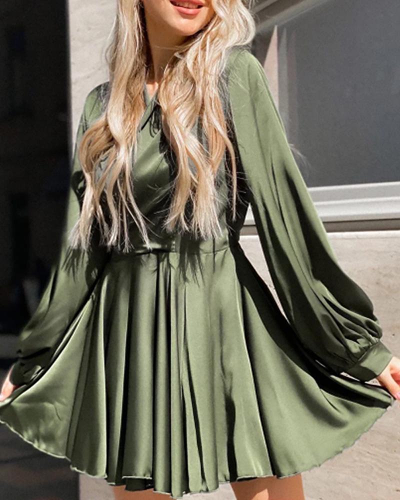 

Lantern Sleeve Satin Casual Dress, Green
