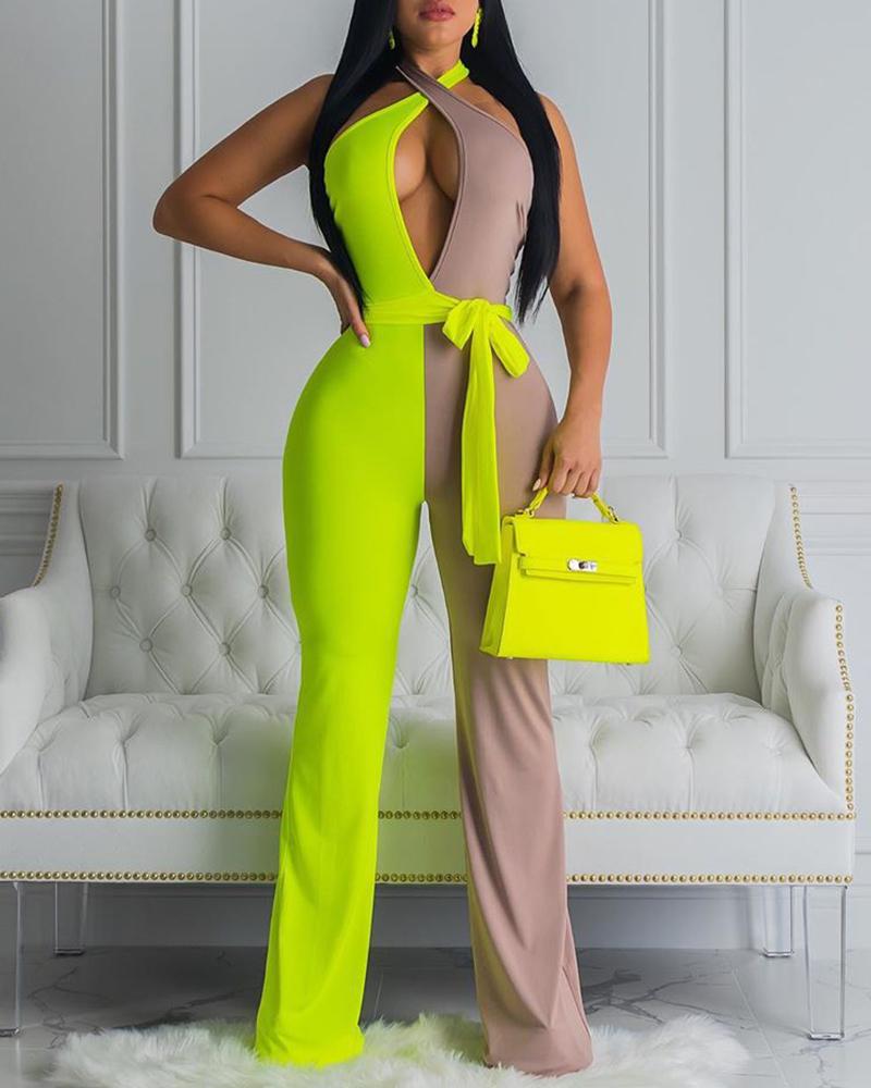 

Halter Colorblock Cutout Front Knotted Backless Jumpsuit, Yellow