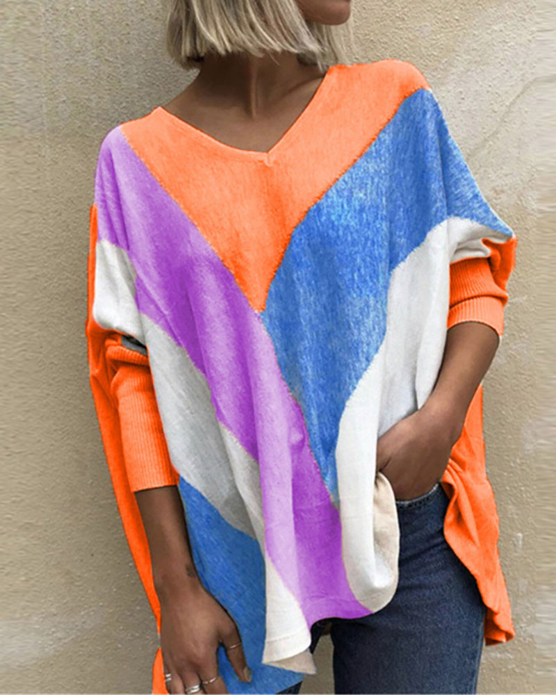 

Colorblock Long Sleeve Casual Top, Orange