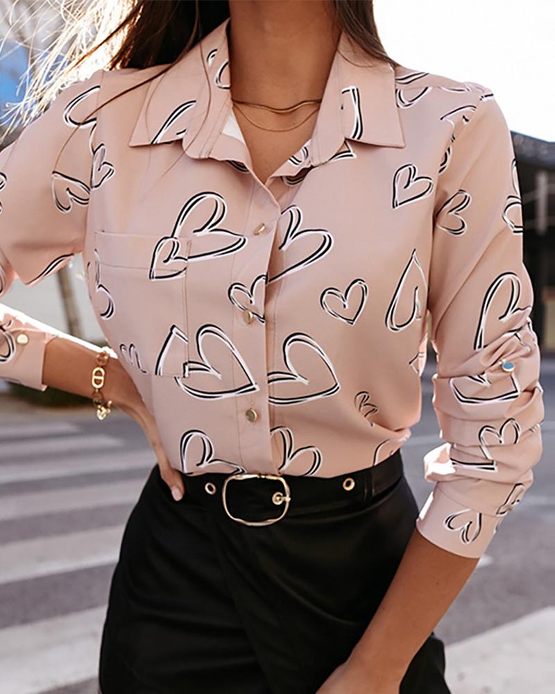 

Heart Print Long Sleeve Button-up Blouse, Style1