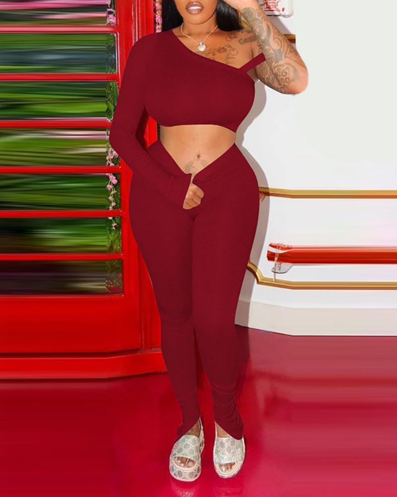 

One Shoulder Ribbed Top & Pants Sets, Wine red
