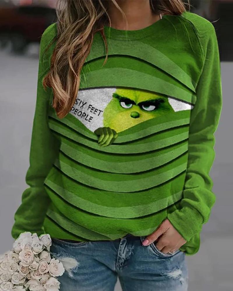 

Christmas Cartoon Print Long Sleeve Top, Green