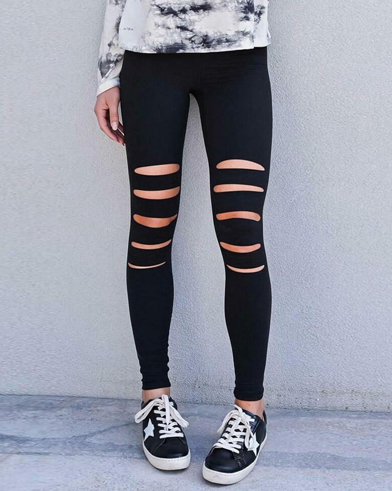 

Plain /Leopard Ladder Cutout Skinny Pants, Black
