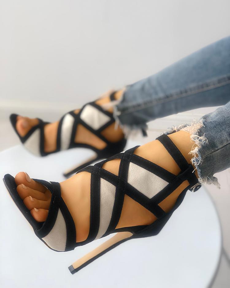 colorful geo applique chunky heeled sandals