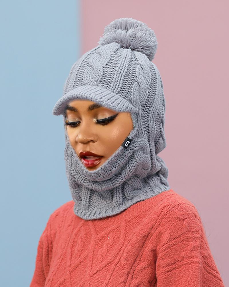 

Warm Neck Pom Pom Knit Hat Mask Beanie, Gray